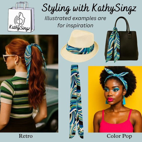 Slim Scarf 34 in Abstract Swirl Print Hair Accessory Blue Green Black White No27 - Picture 3 of 7